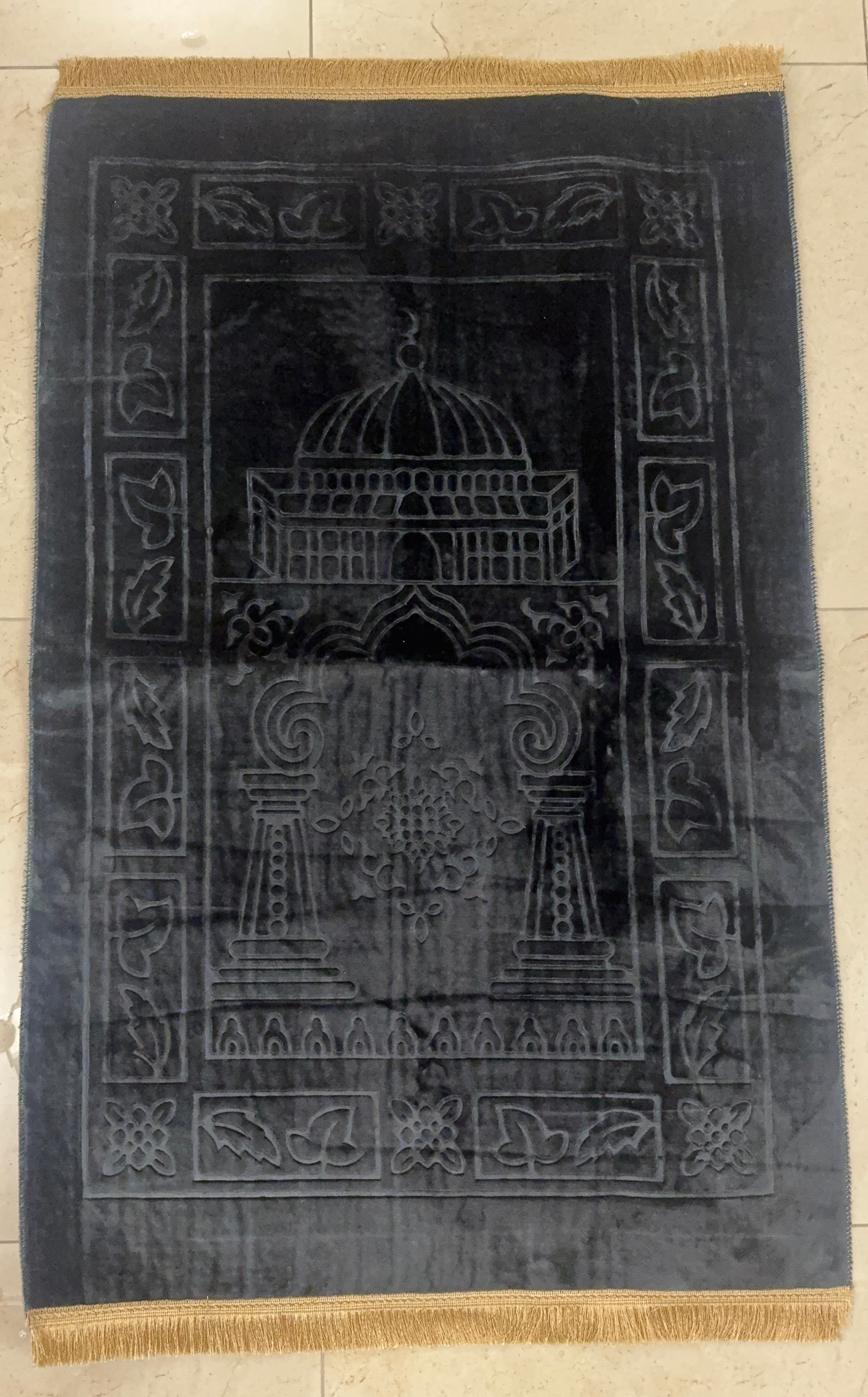 Black Plush Prayer Rug with Grey Fringe