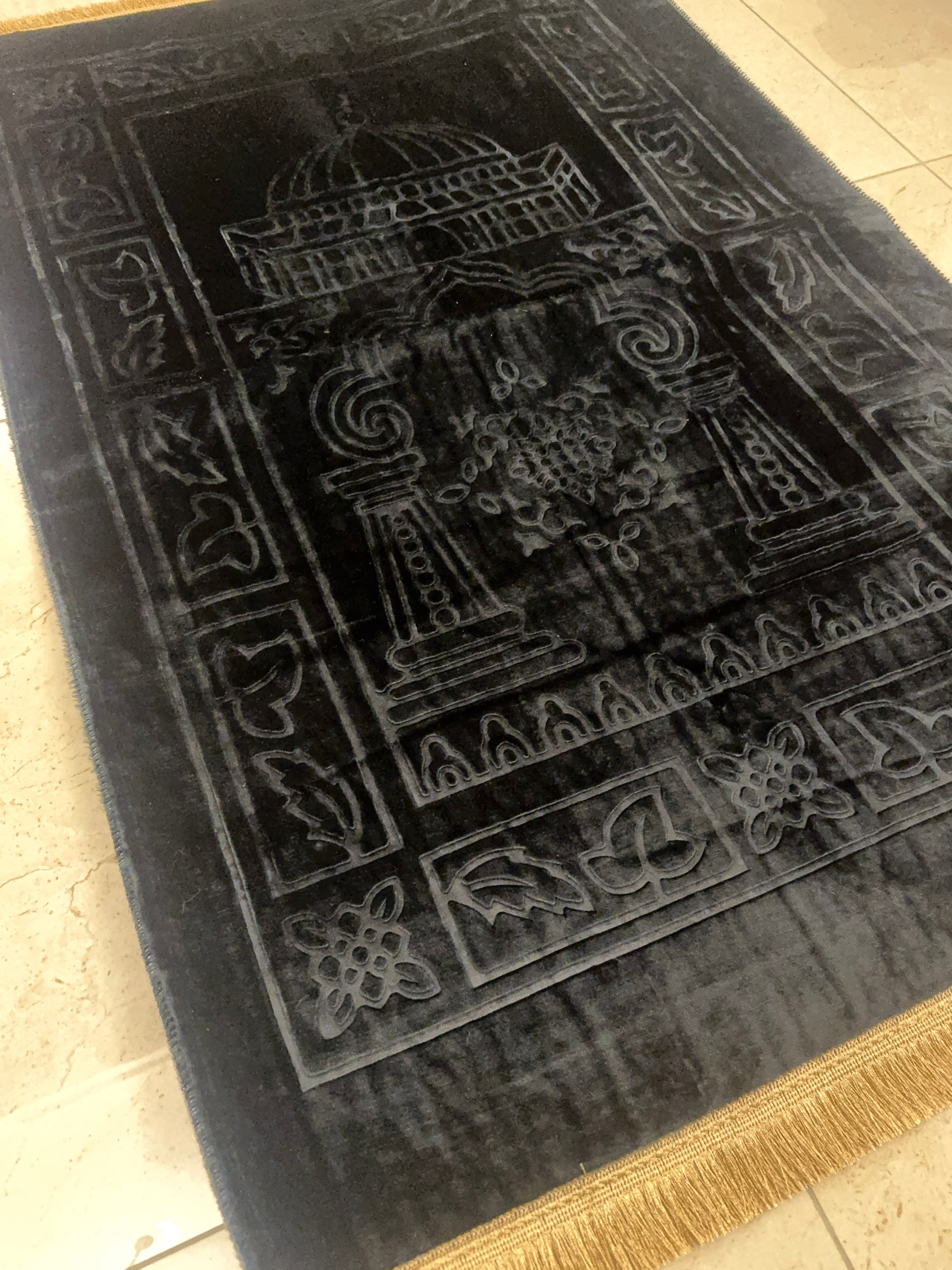Black Plush Prayer Rug with Grey Fringe