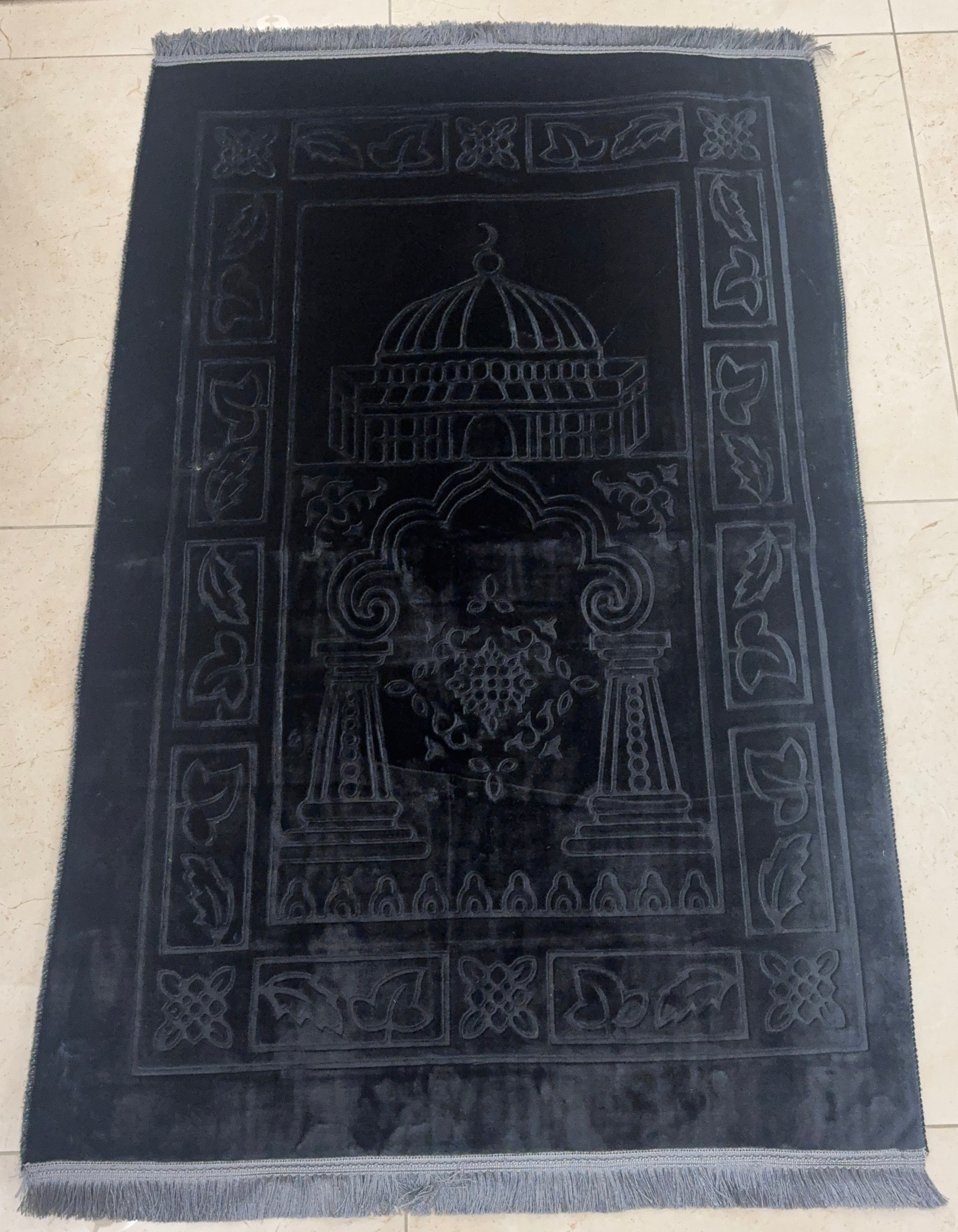 Black Plush Prayer Rug with Grey Fringe